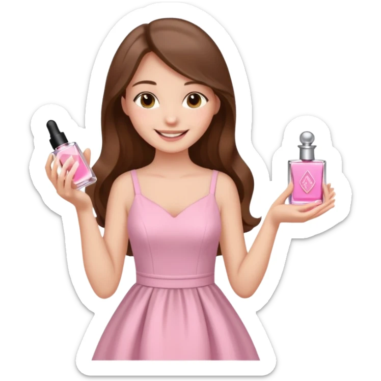 half body pretty long hair girl holding parfume with smile sticker