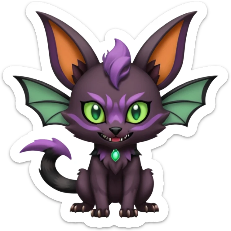 Black edgy Noivern-Noibat-Purloin-Torracat-Lykoi-Caracal-cat-Fakemon-fusion-hybrid-creature with bat wings on head as ears, big fangs, gothic markings sticker