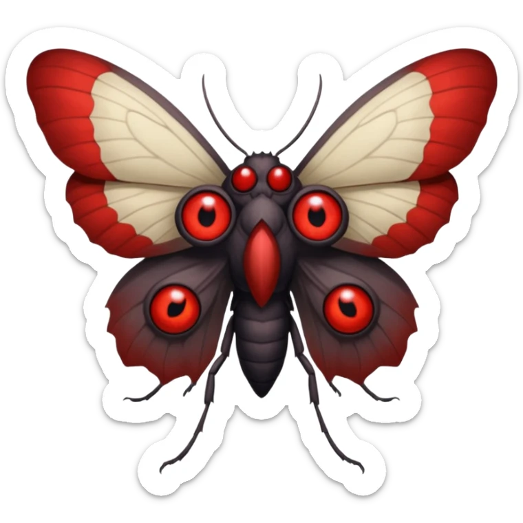 Create a scary emoji of the mothman with bright red eyes and as depicted in the legend. Make it less bird like and more Moth / Human hybrid sticker