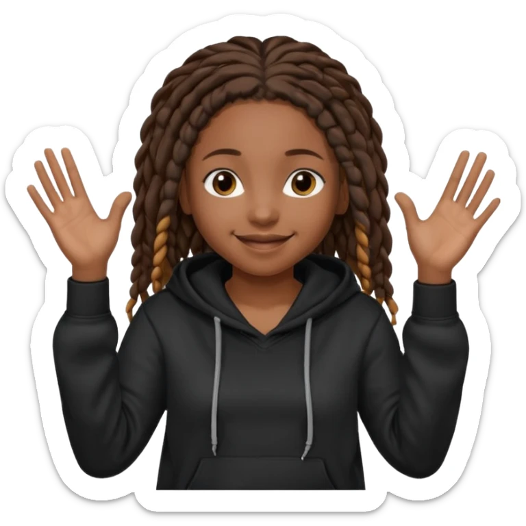 African American girl dark skin complextion a l with short brown dreadlock braids wearing plain black hoodie with hands raised sticker