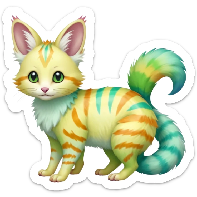  cute adorable yellow-green-turquoise-gradients albino fur with random colorful iridescent rainbow markings beautiful elegant pretty precious cute  Fakémon-Pokémon-opossum-feline-serval-caracal-chinchilla-Minccino-hybrid-creature with a big fluffy bushy striped tail (full body) sticker