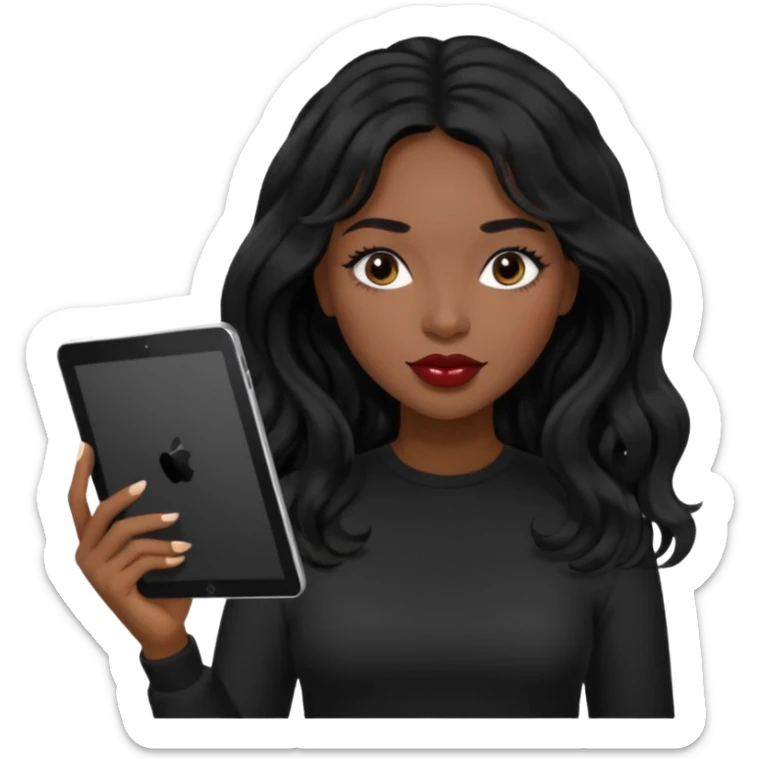 A young woman with long black hair, a wavy frange falling on half of her head.  She's black, medium to dark skinned with thick lips. She's holding an iPad, but she's wearing black casual clothes. she has long eyelashes. sticker