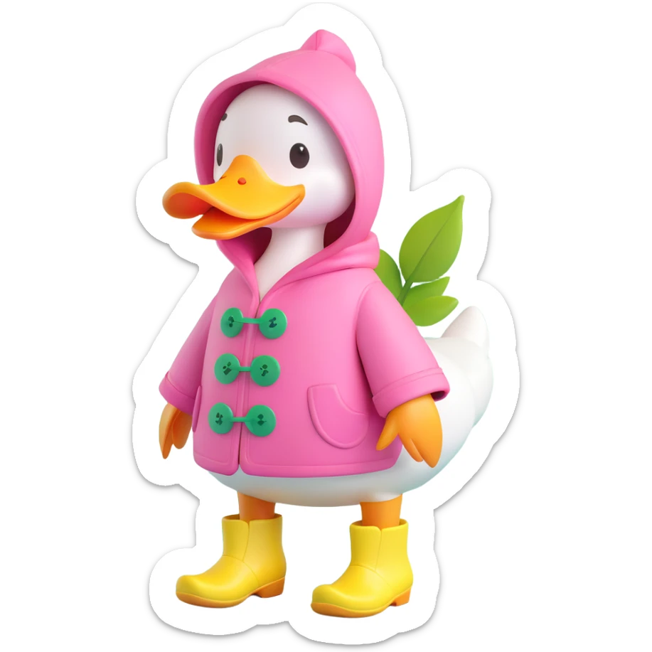 A duck wearing a pink hooded coat with green buttons and a green leaf on the chest, and yellow boots. The background is plain and light pink with pink hearts. sticker
