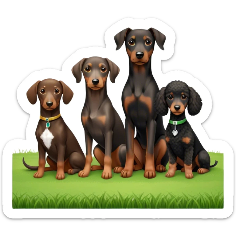 Close-up of a Doberman Pinscher, a Dachshund and a Poodle sitting together on lush green grass. The background features a beautiful, serene nature view with rolling hills and bright blue skies. The dogs' sleek coats shine under the sun. Transparent background. sticker