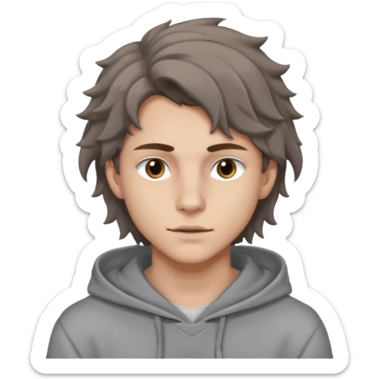 18 year old boy siren eyes good jawline with grey hoodie and long brown wavy wolf cut hair sticker