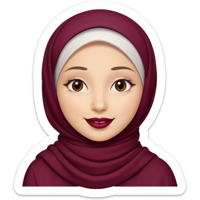A girl with hijab more white than tan less than pale with maroon lipstick smiling sticker