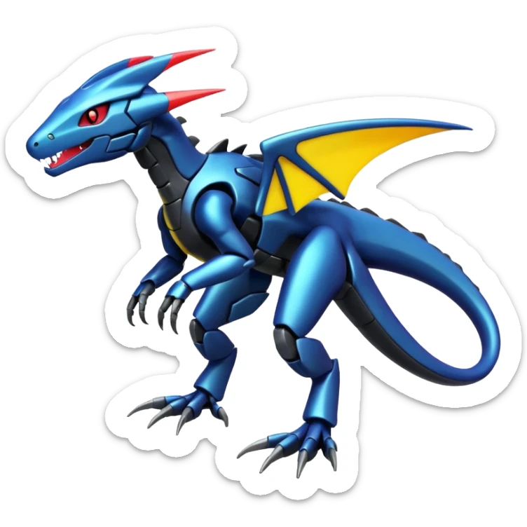 Shiny futuristic colorful Heliolisk-Salandit-Cyclizar-Genesect-Pokémon, full body sticker