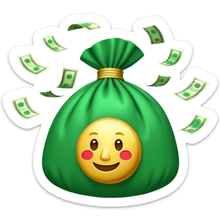 

3D emoji style, big bag of money, flying dollar bills, rich casino vibe, smooth lighting, high detail, clean edges, transparent background



 sticker