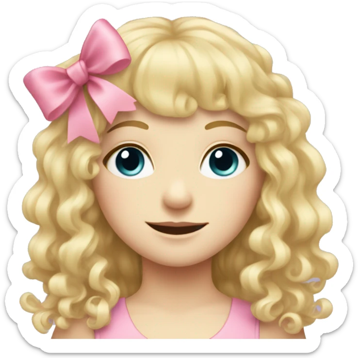 Blonde pale girl with bangs and pink bows in her curly, long hair  sticker