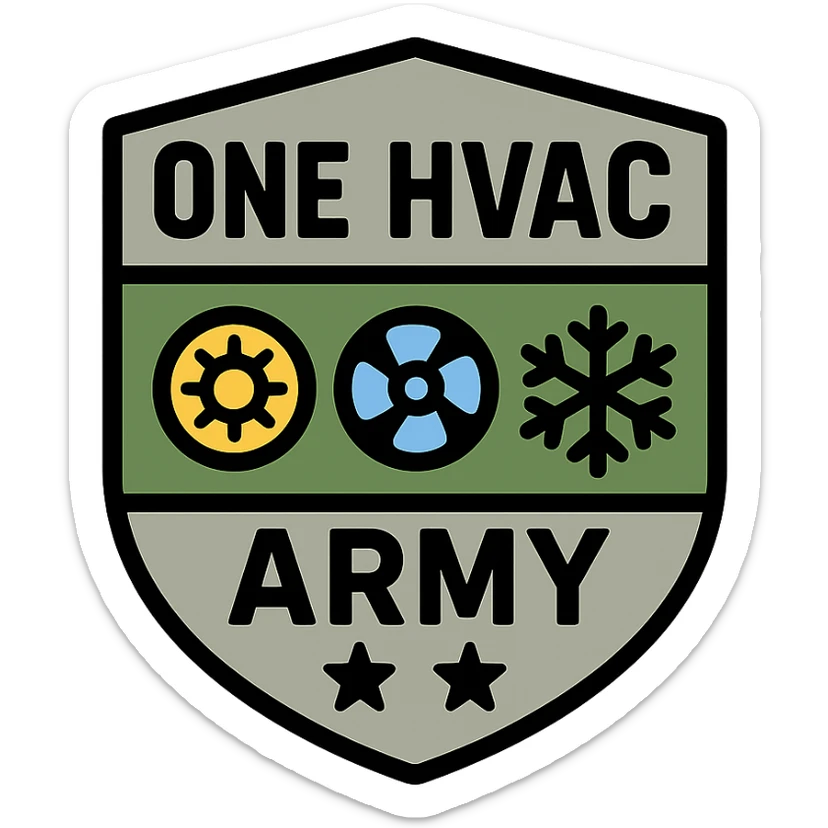 military-inspired badge logo for One HVAC Army with HVAC elements, strong sans-serif text, green and gray palette sticker