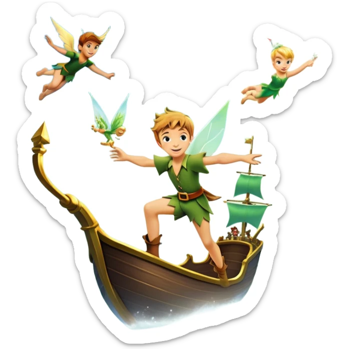 An icon representing an adventure game, inspired by whimsical fantasy. The design features Peter Pan soaring through the sky with Tinker Bell beside him, leaving a shimmering trail of pixie dust. Below, Neverland’s lush jungles and pirate ships create a backdrop of magic, adventure, and endless youth. Transparent background. sticker