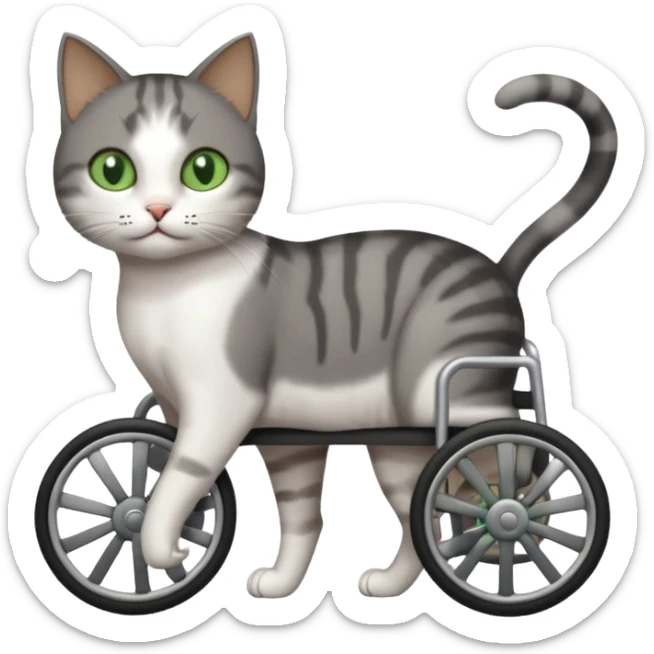 full body small short hair dark grey and white cat with green eyes walking in a wheelchair for cats sticker