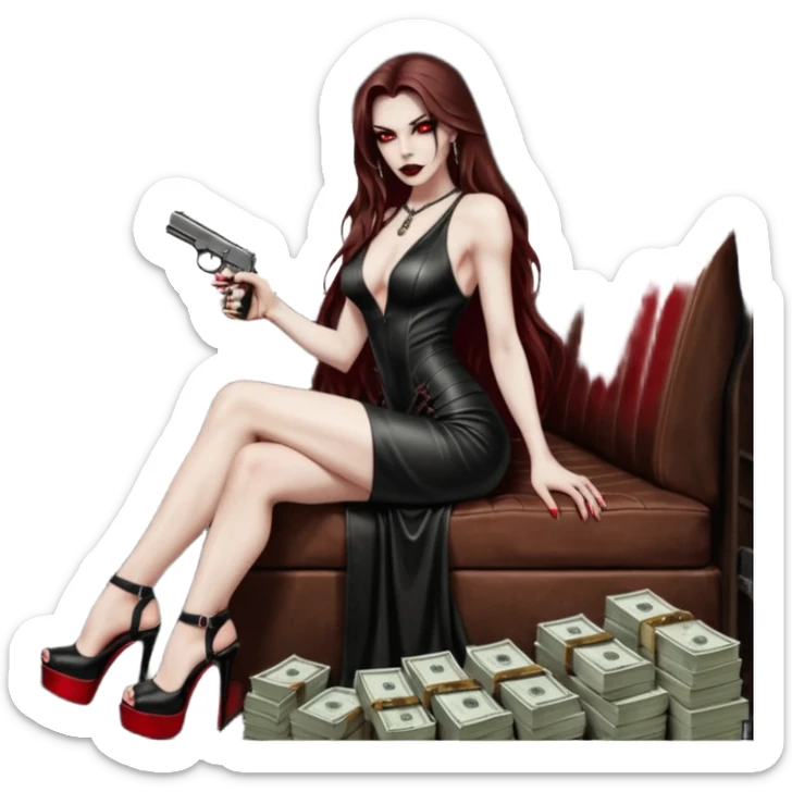 Lilith red eye seductress evil long brown haired sexy succubus woman with leather long dress with slit on, sitting in Big Large F350 pickup truck. Wearing super tall black platform high heels, Back seat full of stacks of cash, she is  Holding a human skull of her enemies and a gun in other hand sticker