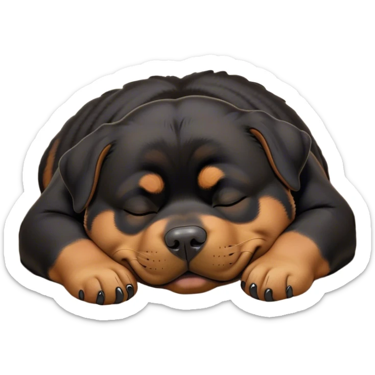 Cinematic Meme-Worthy Chubby Sleeping Rottweiler Portrait Emoji, Head resting peacefully with a contented smile, featuring a delightfully chubby build and a luxuriously soft black and tan fur, eyes shut in a serene nap, Simplified yet hilariously adorable features, highly detailed, glowing with a soft, drowsy light, high shine, relaxed and utterly lovable, stylized with an air of playful laziness, bright and endearing, soft glowing outline, capturing the essence of a comically sleepy guardian, so meme-worthy it feels like it could instantly become the next viral sensation of adorable slumber! sticker