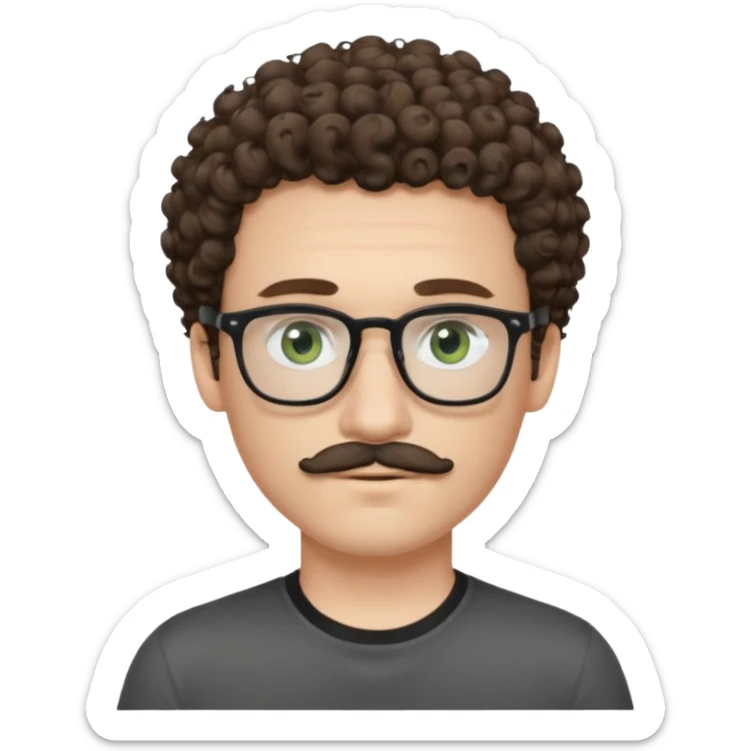 Light brunette curly haired young man with pale skin and glasses. Eyes are greenish grey and he has a moustache. Black t-shirt. sticker