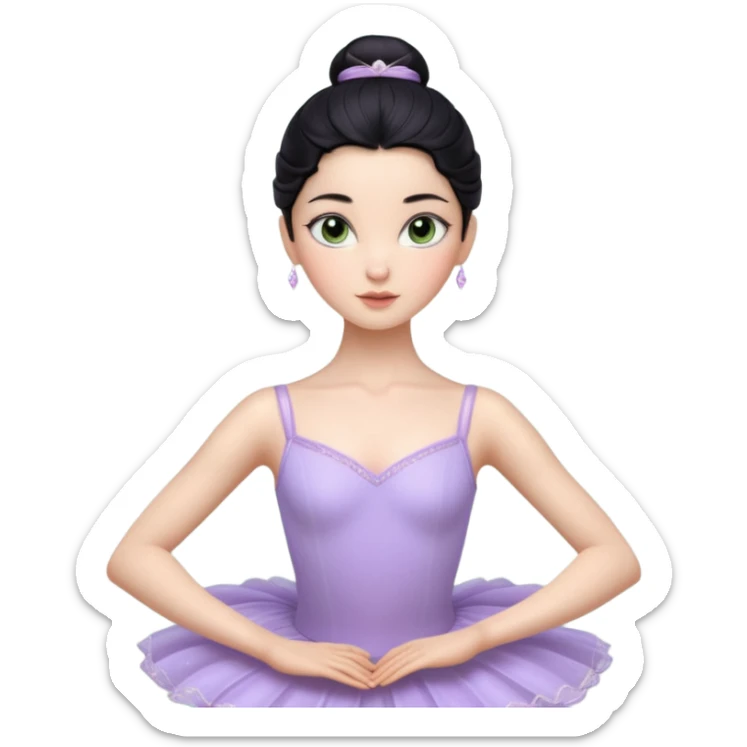 Cinematic Realistic ballerina Light Purple Portrait, depicted with lifelike skin texture, subtle rosy undertones, and soft natural lighting that enhances the gentle contours of her face. Her intricately detailed sweet black hair is elegantly styled, green eyes sticker