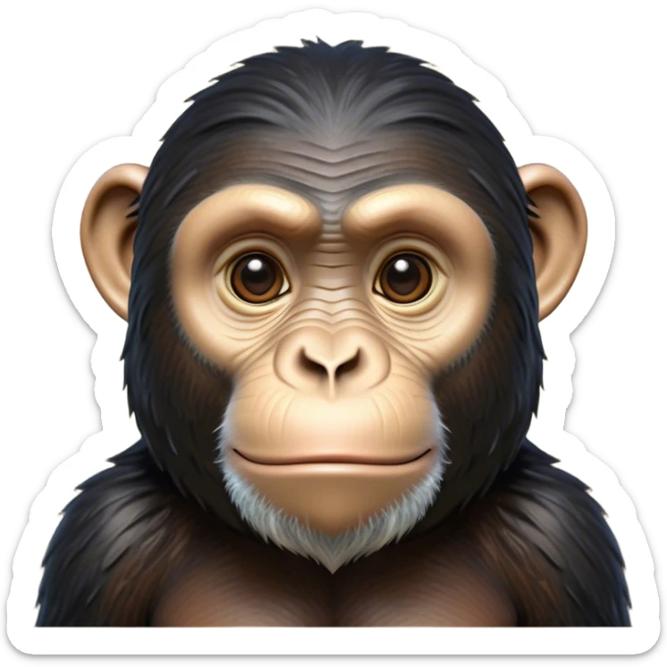 Cinematic Noble Chimpanzee Portrait Emoji, Poised and wise, with a lean, agile build adorned with textured fur and deep, thoughtful eyes, Simplified yet sharp and sophisticated features, highly detailed, glowing with a soft, contemplative glow, high shine, intelligent and vigilant, stylized with an air of primate regality, focused and attentive, soft glowing outline, capturing the essence of a watchful guardian that feels as though it could step out of the screen with effortless authority! sticker