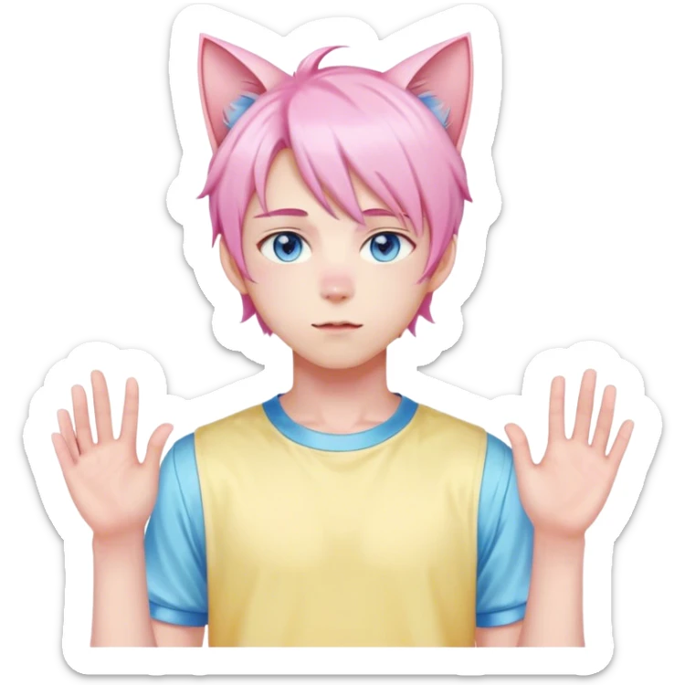 Pastel effeminate young femboy man with pastel pink shiny hair, pink cat ears, pastel yellow blouse, blue eyes, cute, gorgeous, anime, catboy, full body sticker