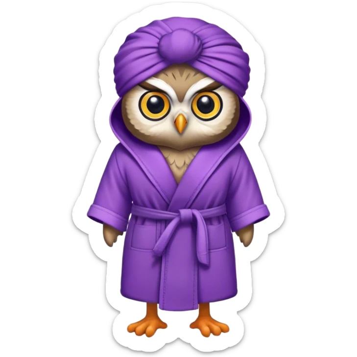 owl in purple bathrobe and purple slippers and purple turban sticker