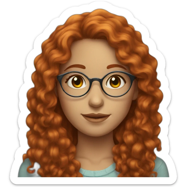 a young woman with long red curly hair, golden round glasses and blue-green eyes sticker