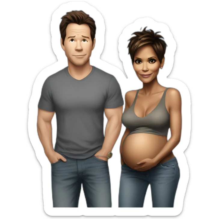 Halle berry standing next to mark Wahlberg both are pregnant even mark who is pregnant as well sticker