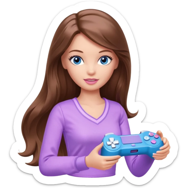 beautiful barbie girl with long brown hair, blue eyes and wearing light purple clothes playing console games with controller sticker