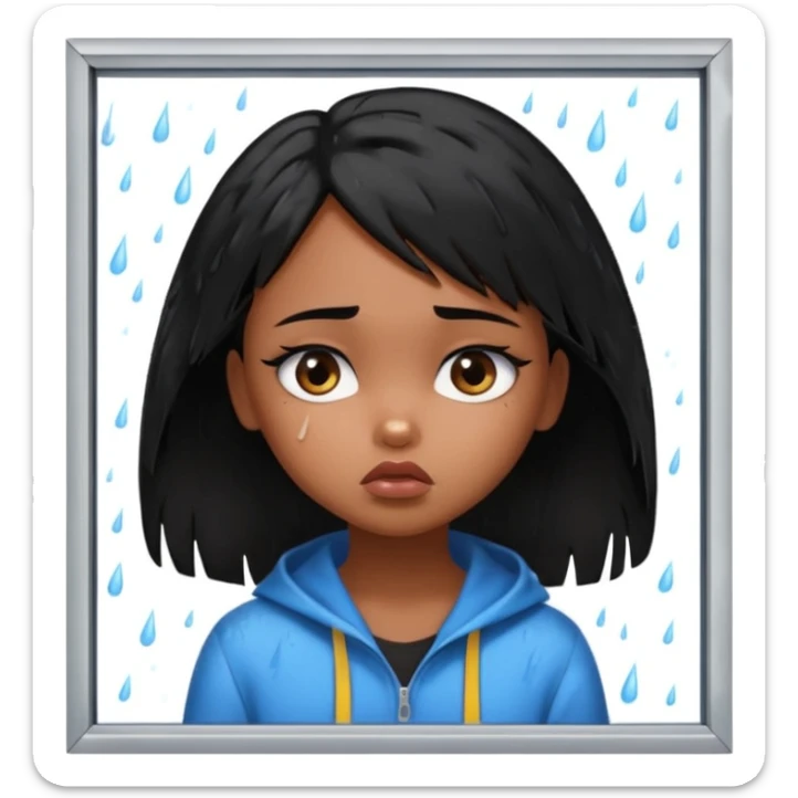 generate a pretty bratz brown skinned girl with messy black hair looking out of the rainy window, looking very sad. SIDE ANGLE sticker