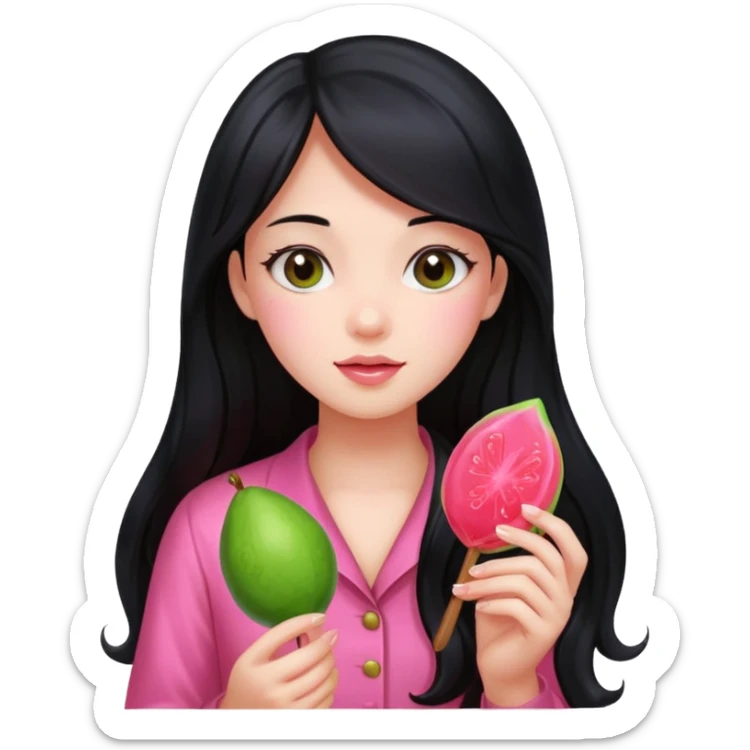 A girl with long black hair holding a piece of guava hard candy sticker