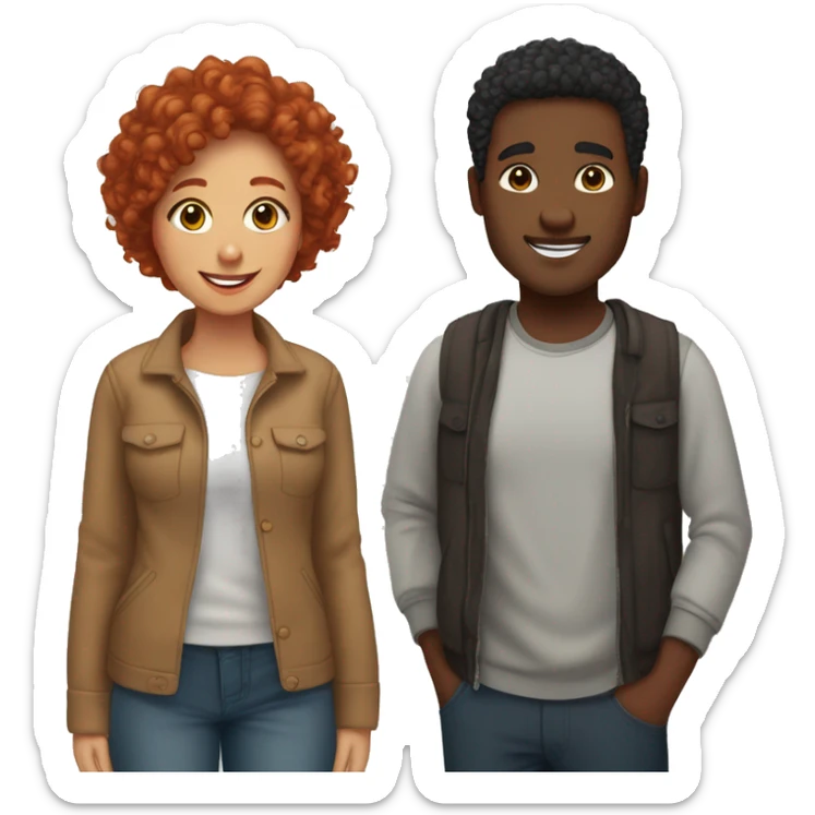 Create an emoji of a couple: a woman with curly red hair and a man with short straight black hair and dark brown skin. Both should be smiling warmly and standing close together, showing affection sticker