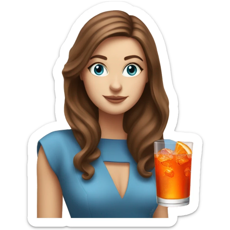white girl with long brown hair and with blue eyes drinking an Aperol Spritz  sticker