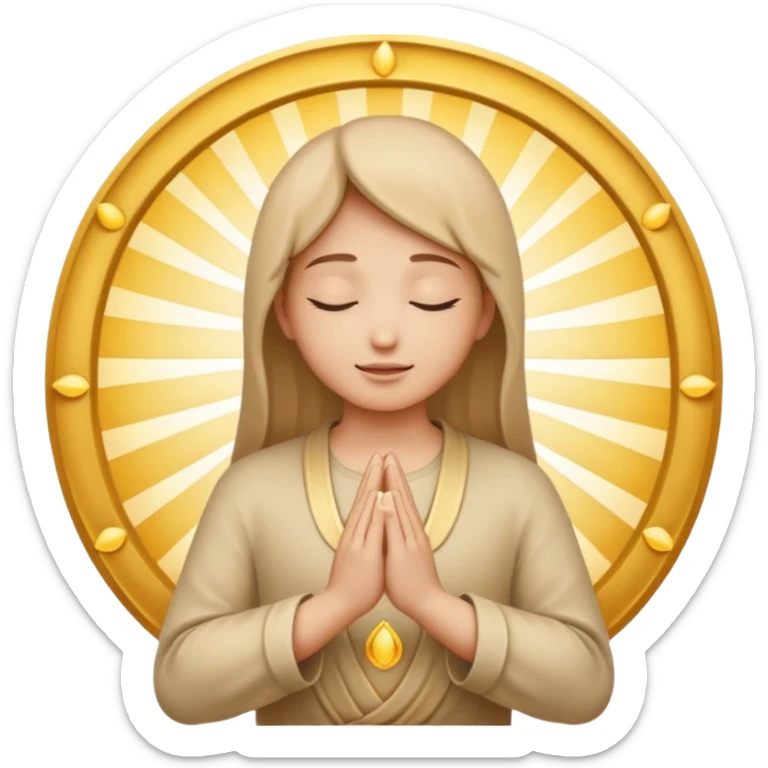 peaceful emoji with hands in prayer, surrounded by golden rays, faint spiritual symbol like lotus or dove, evoking morning gratitude and connection with the divine sticker