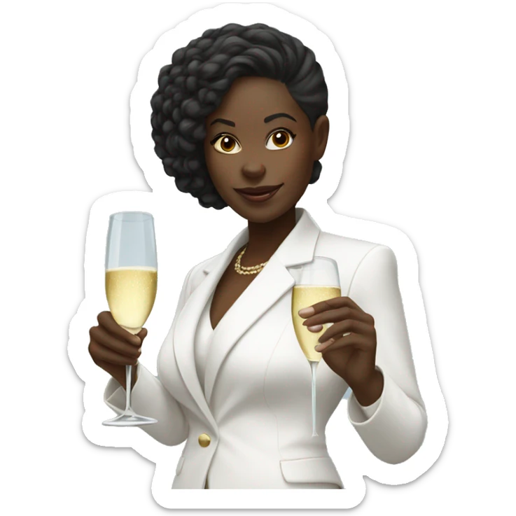 Black girl in a white pantsuit, holding glass of champagne sticker