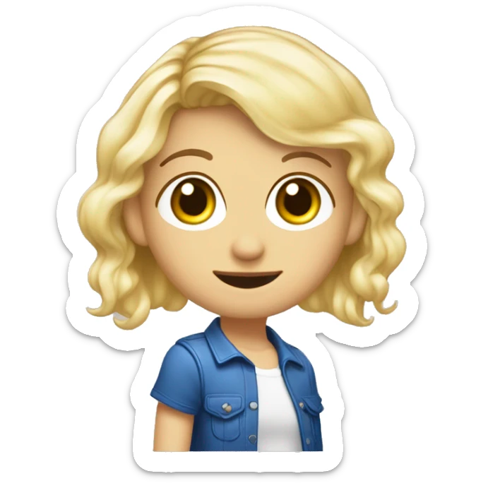 Cheveux : Blonds, courts en carré.
Yeux : Bleus.
Accessoires : A un serre-tête coloré.
Style : T-shirt à motifs et sac à dos avec des pins. sticker