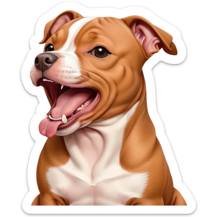 Cinematic Cute Yawning Red/Fawn Staffordshire Bull Terrier Portrait Emoji, Head tilted slightly with a dramatic, wide-open yawn, showcasing a smooth red/fawn Fur with crisp white accents, floppy ears slightly drooping, round dark eyes barely open in drowsy contentment, Simplified yet irresistibly adorable features, highly detailed, glowing with a soft, cozy glow, high shine, relaxed yet expressive, stylized with a touch of whimsy, bright and endearing, soft glowing outline, capturing the essence of a sleepy yet affectionate guardian, so drowsy it feels like it could stretch right out of the screen and curl up for a nap! sticker