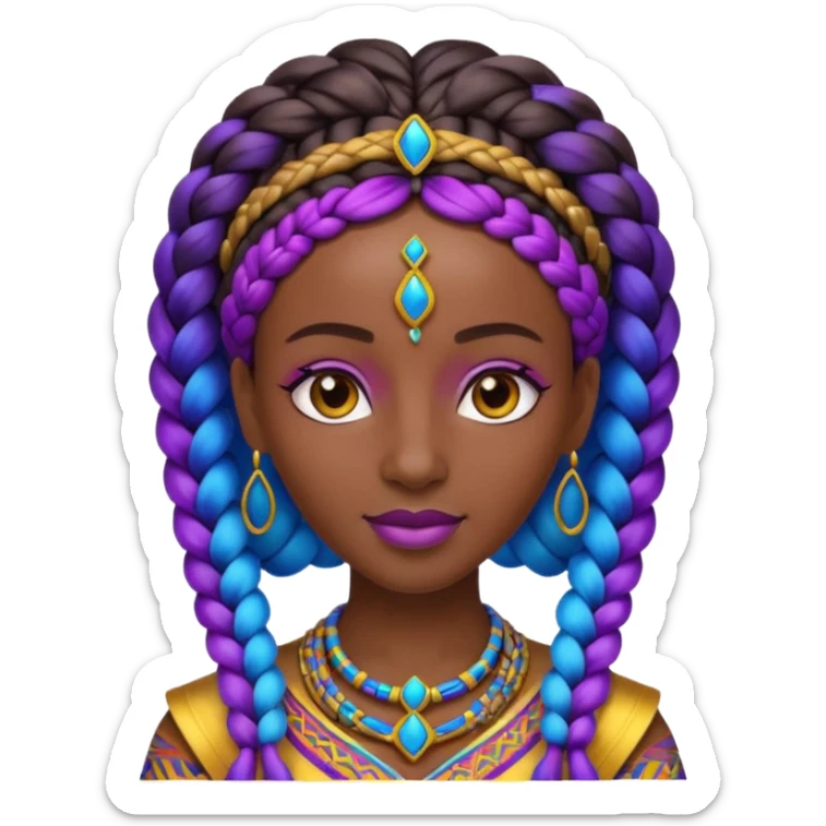Create me an emoji of a beautiful Ethiopian Queen of Sheba with amazing braids wearing a neon purple and blue gradient African patterns. sticker