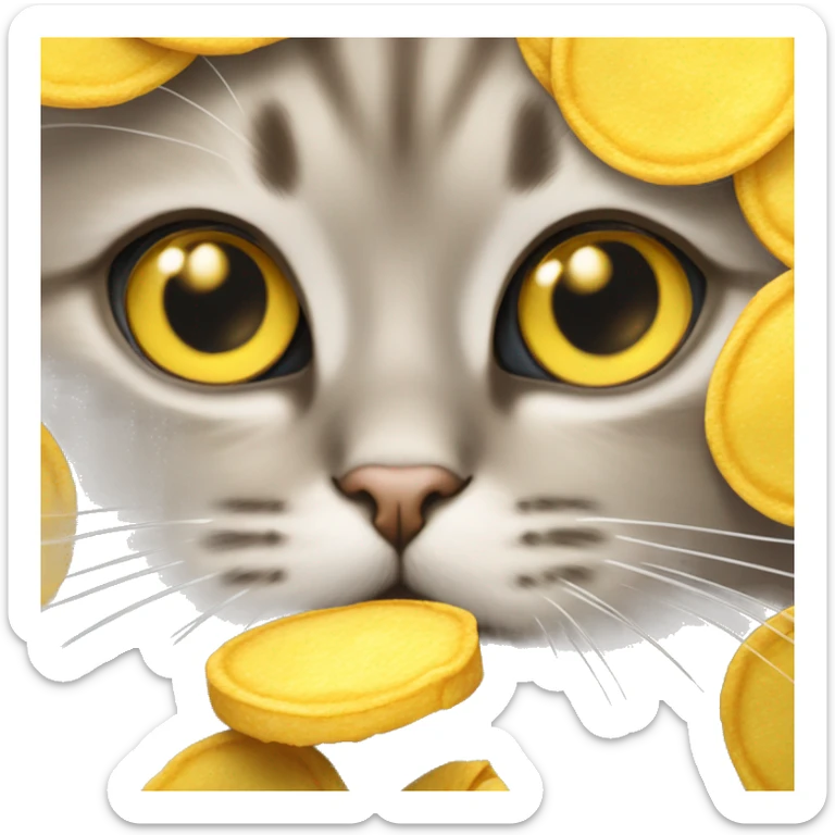 Beige-gray cute cat with big sparkling eyes peeking out of an open yellow Lay's chips packet sticker