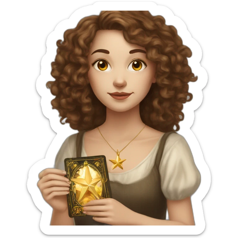 white young woman with long brown curls and a tarot card that has a golden star sticker