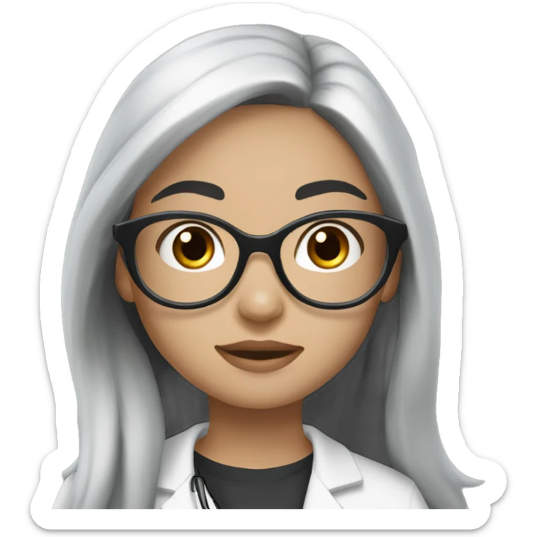  girl, with white skin tone, long black hair, wearing silver round harry potter glasses and a white scrub and a stethoscope  sticker