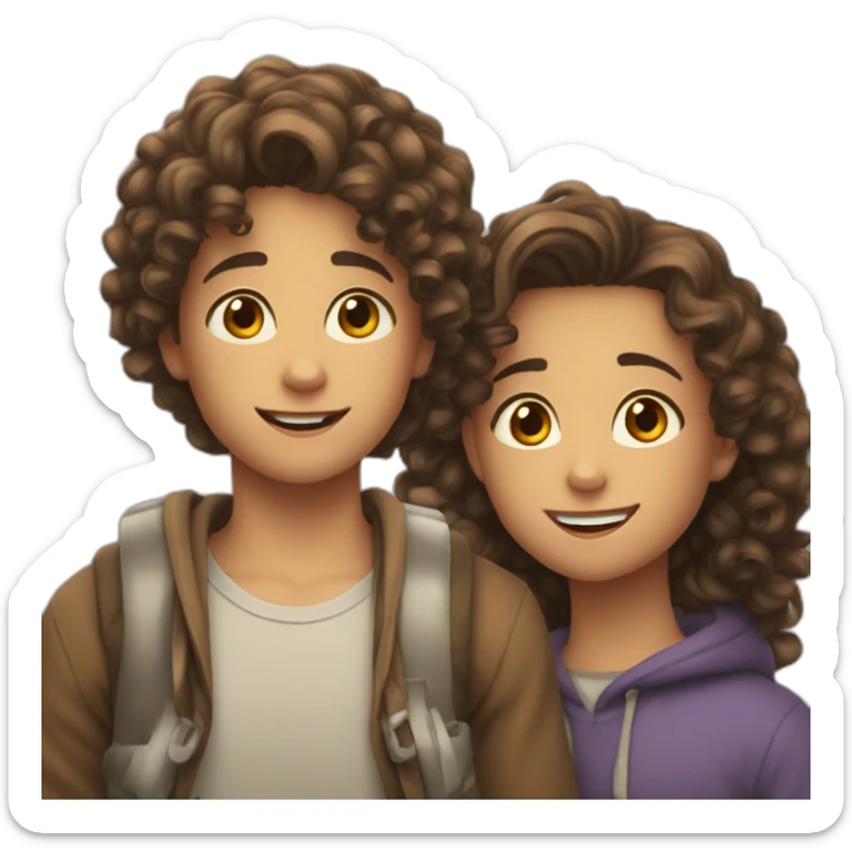 A 12 years Old girl with curly brown hair brown eyes talking to a brown 12 years old boys sticker