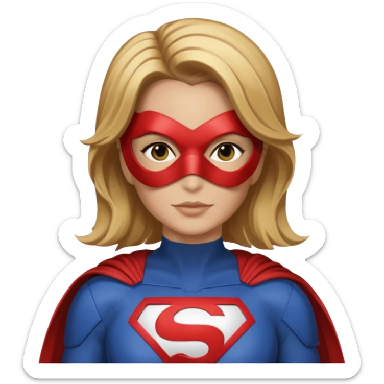 Mujer súper heroína tipo la de WhatsApp. Pelo marrón claro y mechas rubias por los hombros. Con antifaz y traje de héroe, que se vea solo hasta los hombros y logo MJ en el traje. Como la de WhatsApp  sticker