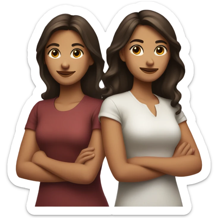 Brunette sisters standing back to back with arms crossed sticker
