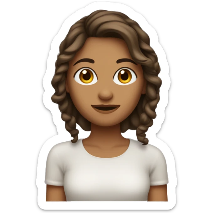 mulher, com o cabelo liso castanho escuro no ombro, branca, com sardinhas no rosto, cílios e olhos castanho escuro.  sticker