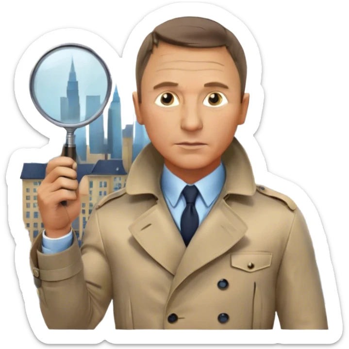 Icon for Detective Movies: A colorful collage featuring Daniel Craig as an inspector, with a magnifying glass and a mysterious city backdrop. Include a board with photos of suspects, fingerprints, and a crime scene. Retro movie poster style. Transparent background. sticker