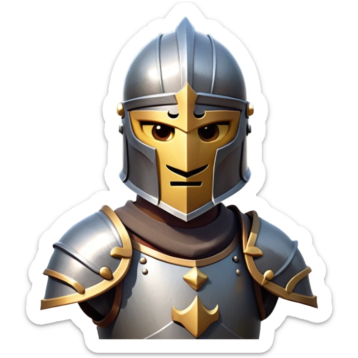 clash-of-clans-aesthetic_-cinematic-fearsome-and-majestic-knight-bust-portrait-emoji, rendered in a flat, vector-style with minimal shading and bold, simplified shapes, depicting a battle-ready medieval knight with steely eyes and intricate armor, mounted on a warhorse reflecting sunlight over a misty battlefield. sticker