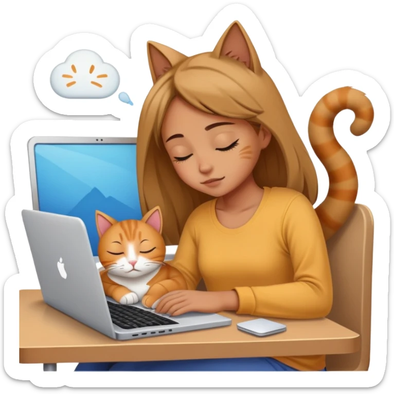 A girl is working hard in front of her laptop, and a cat is sleeping next to it sticker