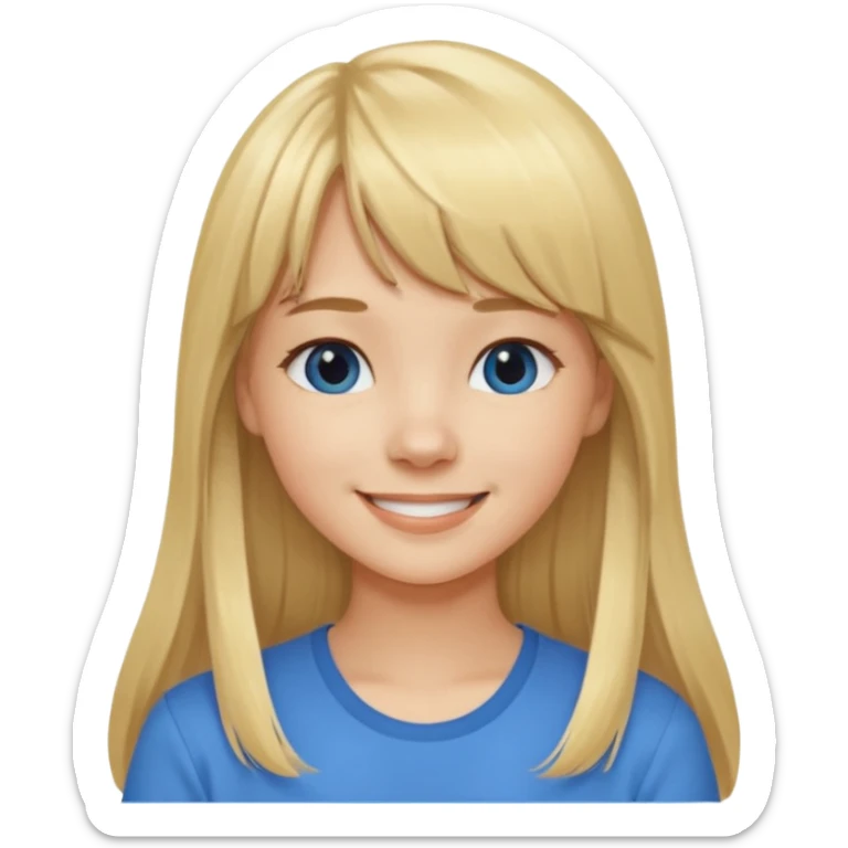 Menina branca de cabelo loiro longo de franja na testa sorrindo  sticker