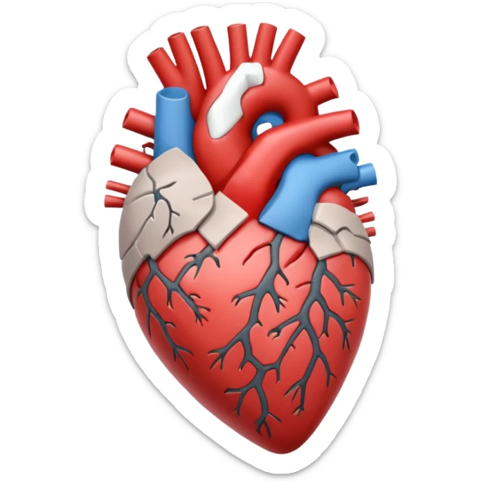 Un corazón humano roto de color gris con grietas  sangrando y expulsando sangre rodeado de vendas y tiritas que se despegan sin hacer efecto sticker