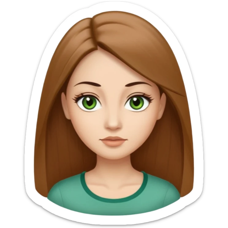 Adult woman avatar, light skin tone, oval face, long straight brown hair, green almond-shaped eyes with dramatic eyelashes and minimal eyeliner, neutral mouth, medium straight eyebrows, small nose, smooth skin sticker