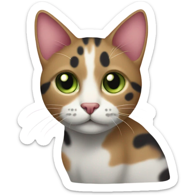 3 colors cat, pink nose with black spot, short hair, light brown spot on beard, light green eyes sticker