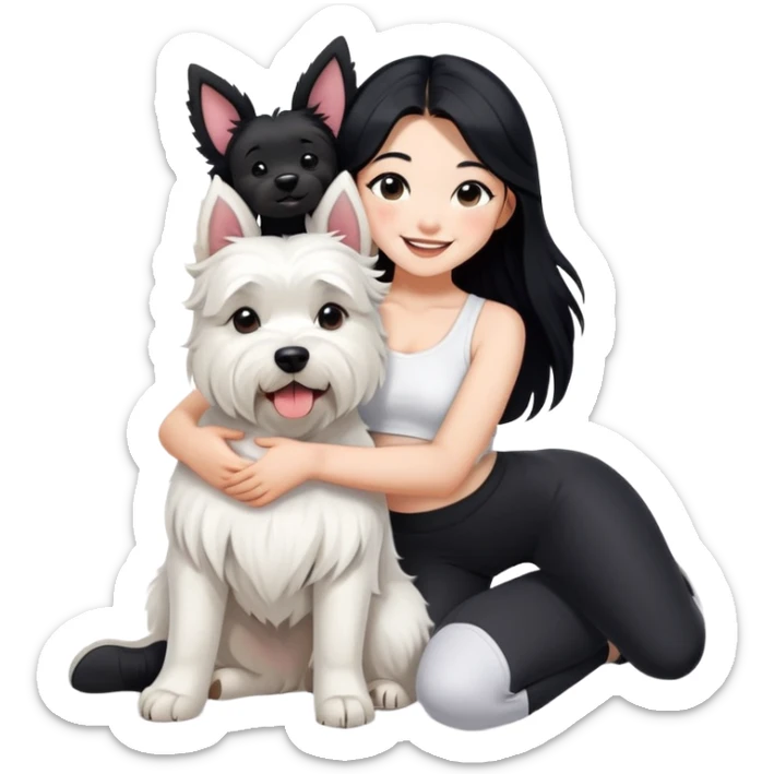 A asain girl with long black hair. She is wearing a white crop top and black legging,she is smiling and hugging a west highland terrier with big ears  sticker